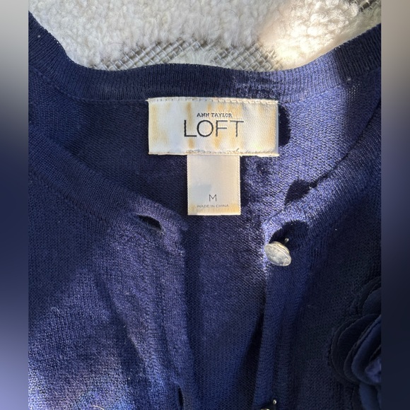 Loft Blue Cardigan Flower Appliqué Sz M - Picture 4 of 5
